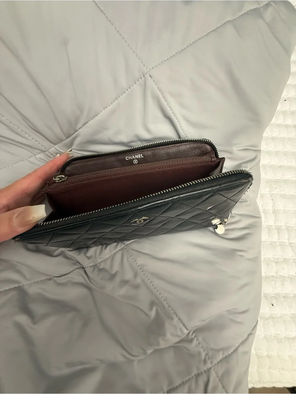 CHANEL Black Quilted Leather Wallet with Silver CC Logo